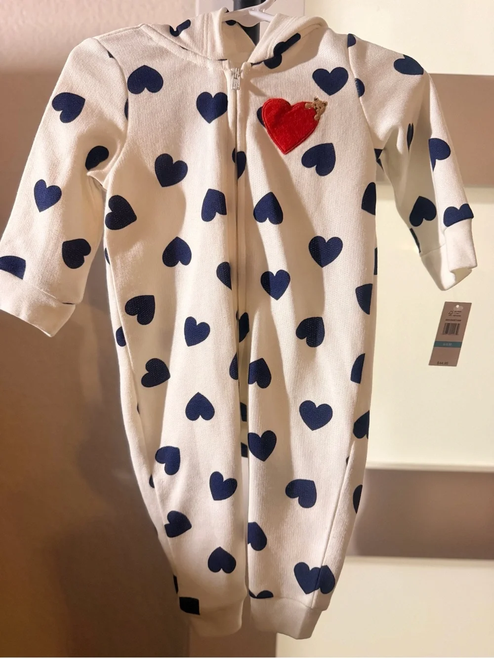 GAP White One-Piece Romper with Navy Heart Print and Red Heart Patch